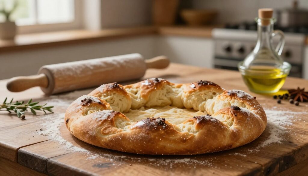 A beautifully arranged batbout, a traditional Moroccan bread, displayed prominently in the foreground on a rustic wooden table. The batbout is golden brown, slightly crisp on the outside and fluffy inside, with a subtle shine reflecting soft, ambient lighting. In the middle ground, a rolling pin dusted with flour and fresh herbs scattered around create a sense of the cooking process, while a bowl of olive oil and a few spices hint at the flavors involved. The background features a softly blurred kitchen setting, with warm light streaming in from a nearby window, casting gentle shadows. The mood is one of warmth and homey comfort, evoking the journey of baking and the initial struggle with creating the perfect batbout, inviting viewers to share in the story.