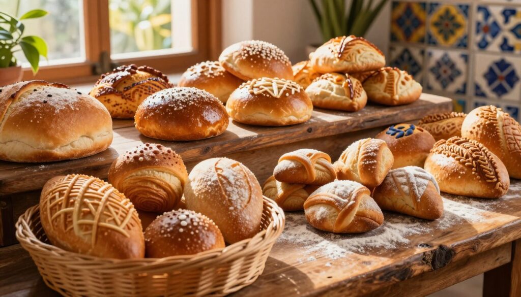 A beautifully arranged display of traditional Mexican bread, showcasing a variety of Pan Dulce such as Concha, Orejas, and Cuernitos. The foreground features an inviting wicker basket filled with freshly baked bread, each piece uniquely textured and colored, highlighting their intricate designs and glistening crusts. In the middle, a rustic wooden table adds warmth, adorned with a few scattered flour dust and a traditional Mexican tile backdrop. The soft, golden morning sunlight filters through a nearby window, creating a cozy atmosphere that enhances the breads' golden hues. Lush green plants peek in from the background, adding life and color to the scene. The image captures the essence of Mexican culture, evoking a sense of warmth and tradition.