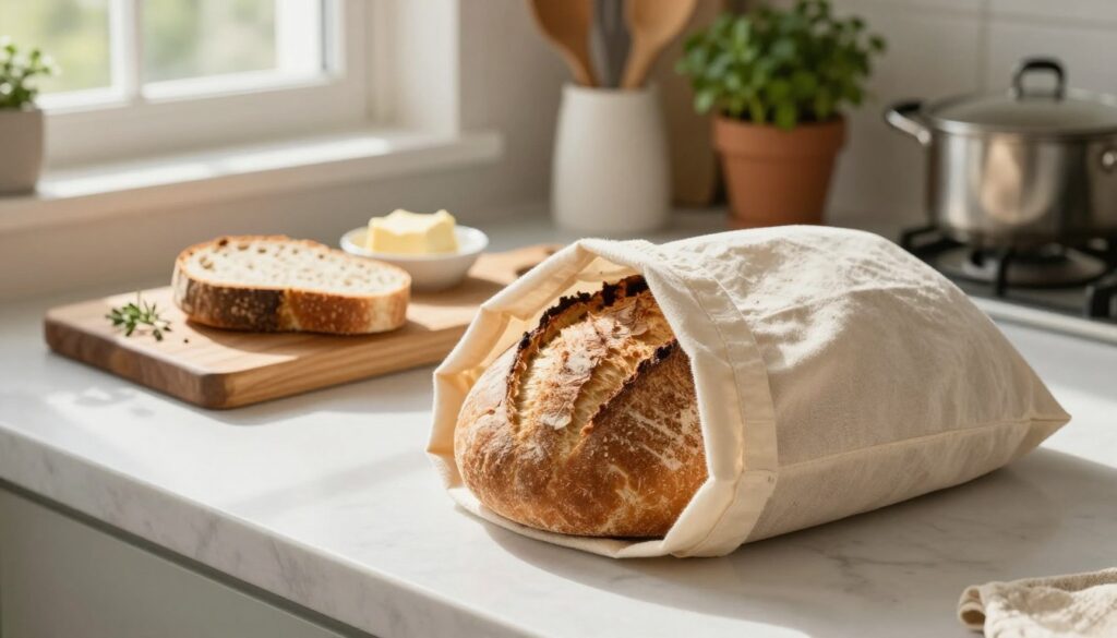 A beautifully arranged kitchen scene showcasing the best way to store homemade bread for short-term freshness. In the foreground, a freshly baked loaf of artisanal bread, crusty and golden-brown, is nestled inside a breathable cotton bread bag, partially opened to reveal its soft interior. In the middle, a rustic wooden cutting board displays a slice of the bread alongside a small dish of butter and herbs. The background features warm, natural light streaming through a window, casting gentle shadows and highlighting the cozy kitchen elements, such as pots, baking utensils, and a potted herb plant. The atmosphere is inviting and homely, evoking a sense of comfort and culinary expertise. The composition is shot from a slightly elevated angle, ensuring the focus remains on the bread and its storage method.