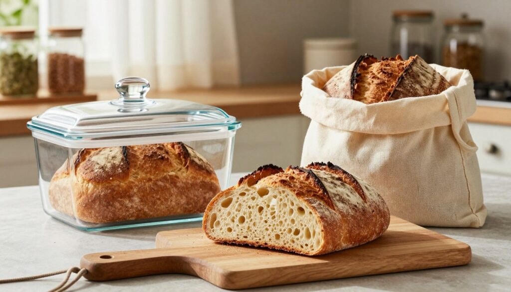A beautifully arranged kitchen scene showcasing various methods to keep homemade bread fresh longer. In the foreground, a cutting board displays a loaf of freshly baked artisanal bread, partially sliced to reveal a soft, airy interior. To the left, there's a clear glass container with a tight lid, filled with bread, emphasizing airtight storage. On the right, a cotton bread bag stylishly holds another loaf made of natural fibers. In the background, soft natural light filters through sheer curtains, illuminating vintage kitchen elements like a wooden shelf with jars of grains and herbs, enhancing the warmth of the atmosphere. The composition highlights the science of bread staling, focusing on freshness and preservation techniques.