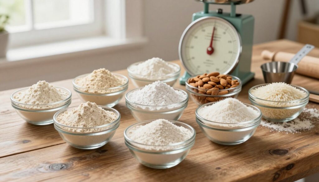 A beautifully arranged selection of the best gluten-free flours for baking, including almond flour, coconut flour, and rice flour, displayed on a rustic wooden table. In the foreground, there are small glass bowls filled with each type of flour, showcasing their texture and color. The middle ground features a vintage scale and measuring cups, suggesting a baking scene. In the background, soft, natural light floods in through a window, creating a warm, inviting atmosphere. The scene is captured from a slightly elevated angle, emphasizing the textures and colors of the flours. The overall mood is cozy and inspiring, perfect for bakers exploring gluten-free options.