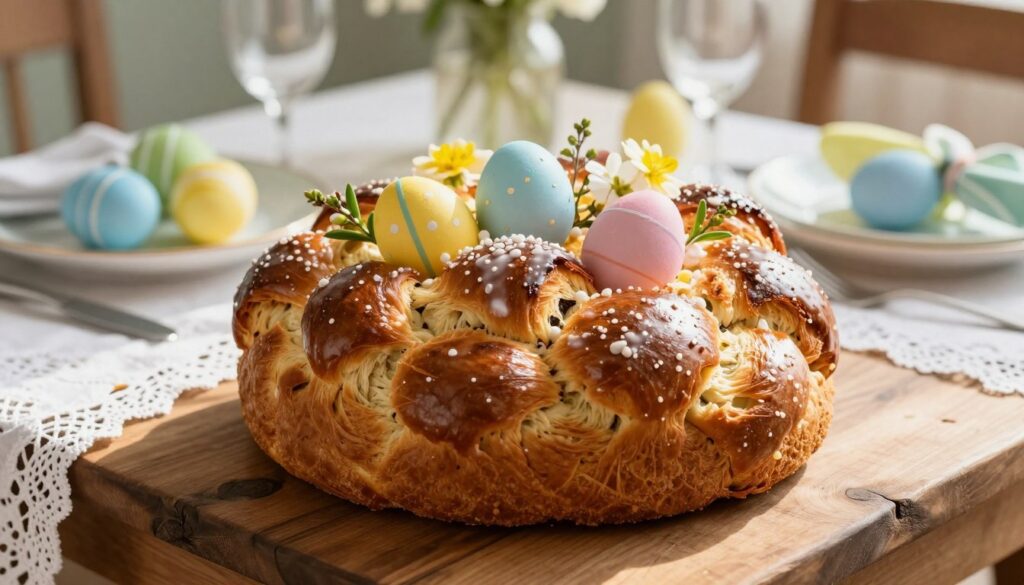 A beautifully baked traditional Easter bread sits proudly on a rustic wooden table, showcasing its braided, golden-brown crust glistening with a light glaze. The bread, adorned with colorful decorative eggs and sprigs of fresh flowers, exudes a warm, inviting aroma. In the background, a soft-focus Easter table setting is visible, complete with delicate white lace linens and vibrant pastel tableware, enhancing the festive atmosphere. Gentle, natural sunlight filters in, casting soft shadows and highlighting the texture of the bread. The composition is intimate and homely, evoking a sense of nostalgia and celebration. Capture the essence of tradition and festivity, with a warm color palette to evoke feelings of comfort and joy.