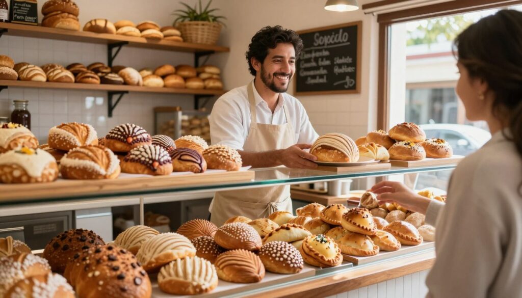 A beautifully curated local panadería scene showcasing a variety of traditional Mexican pan dulce. In the foreground, a wooden display case filled with colorful breads, such as conchas with their shell-like patterns, and sweet empanadas. The middle ground features a friendly baker, dressed in a simple apron and modest clothing, arranging freshly baked items while engaging with customers, reflecting a welcoming atmosphere. In the background, the warm glow of the bakery’s interior illuminates shelves lined with pastries and a chalkboard menu highlighting specialty bread options. Soft, natural sunlight streams through the window, enhancing the inviting ambiance. The mood is warm and cheerful, evoking a sense of community and tradition, inviting viewers to experience the local culture and its delightful culinary offerings.