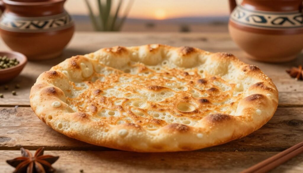 A close-up of a freshly made, golden-brown Native American fry bread, showcasing its crispy, textured surface with delicate air bubbles. The fry bread rests on a rustic wooden table, surrounded by traditional Native American pottery and vibrant spices, enhancing the cultural context. Soft, warm lighting illuminates the scene, creating an inviting, homely atmosphere. In the background, hints of natural elements like desert plants or a faint sunset can be seen, adding depth without dominating the focus. The angle is slightly above the table, highlighting the fry bread's inviting appearance and emphasizing its significance as a traditional dish. The overall mood is warm and nostalgic, celebrating the rich history of this beloved culinary tradition. A close-up of a freshly made, golden-brown Native American fry bread, showcasing its crispy, textured surface with delicate air bubbles. The fry bread rests on a rustic wooden table, surrounded by traditional Native American pottery and vibrant spices, enhancing the cultural context. Soft, warm lighting illuminates the scene, creating an inviting, homely atmosphere. In the background, hints of natural elements like desert plants or a faint sunset can be seen, adding depth without dominating the focus. The angle is slightly above the table, highlighting the fry bread's inviting appearance and emphasizing its significance as a traditional dish. The overall mood is warm and nostalgic, celebrating the rich history of this beloved culinary tradition.
