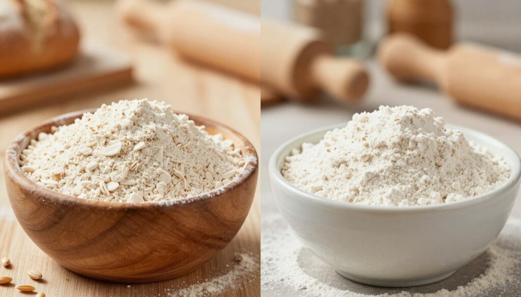 A split image showcasing the differences between bread flour and all-purpose flour. On the left, a clear, close-up view of bread flour in a rustic wooden bowl, emphasizing its coarser texture and slightly off-white color, with a few grains scattered around. On the right, all-purpose flour in a delicate ceramic bowl, highlighting its fine texture and pure white appearance. The background should be a warm, softly lit kitchen setting with wooden countertops and baking tools. Use soft focus to evoke a cozy, inviting baking atmosphere. The lighting is warm and natural, creating a comforting mood, ideal for a baking tutorial. Emphasize the contrasting textures and colors of the two types of flour clearly, without any distractions. A split image showcasing the differences between bread flour and all-purpose flour. On the left, a clear, close-up view of bread flour in a rustic wooden bowl, emphasizing its coarser texture and slightly off-white color, with a few grains scattered around. On the right, all-purpose flour in a delicate ceramic bowl, highlighting its fine texture and pure white appearance. The background should be a warm, softly lit kitchen setting with wooden countertops and baking tools. Use soft focus to evoke a cozy, inviting baking atmosphere. The lighting is warm and natural, creating a comforting mood, ideal for a baking tutorial. Emphasize the contrasting textures and colors of the two types of flour clearly, without any distractions.