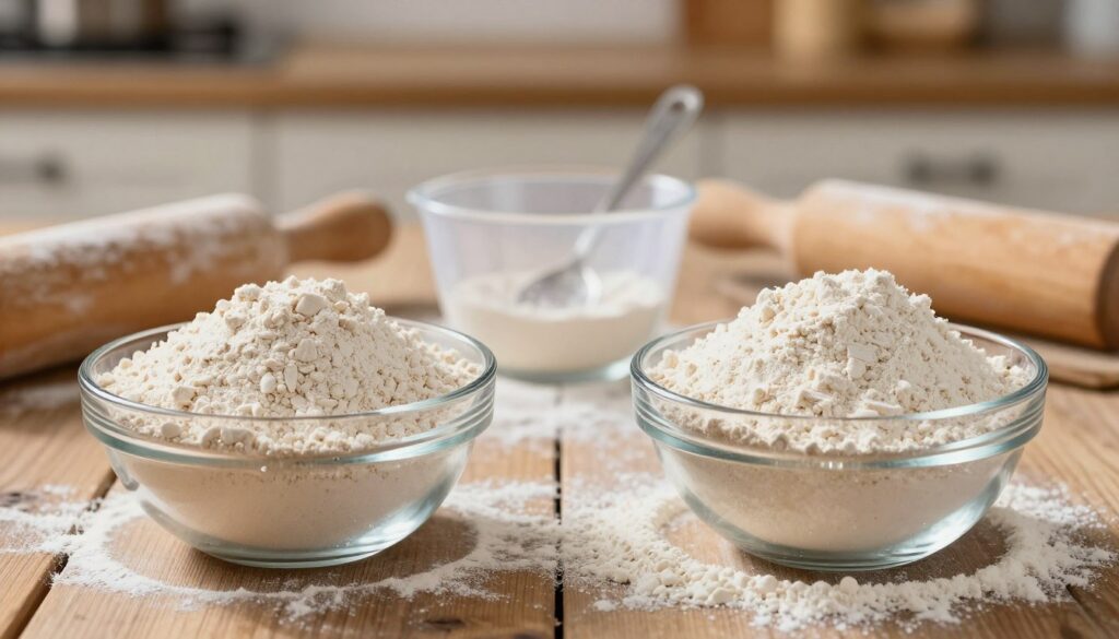 A visually engaging comparison between bread flour and all-purpose flour, arranged on a rustic wooden table. In the foreground, two clear glass bowls display the distinct textures of each flour: the denser, coarser bread flour on the left, and the finely milled all-purpose flour on the right. Delicate flour dust particles glisten softly in the warm, natural light, highlighting their differences. In the middle ground, a measuring cup and a spoon represent a baking scene, suggesting preparation. The background features an out-of-focus kitchen environment with soft, warm colors, creating a cozy baking atmosphere. Use a shallow depth of field to emphasize the flours while slightly blurring the background. The overall mood should evoke warmth and expertise, reflecting the art of baking. A visually engaging comparison between bread flour and all-purpose flour, arranged on a rustic wooden table. In the foreground, two clear glass bowls display the distinct textures of each flour: the denser, coarser bread flour on the left, and the finely milled all-purpose flour on the right. Delicate flour dust particles glisten softly in the warm, natural light, highlighting their differences. In the middle ground, a measuring cup and a spoon represent a baking scene, suggesting preparation. The background features an out-of-focus kitchen environment with soft, warm colors, creating a cozy baking atmosphere. Use a shallow depth of field to emphasize the flours while slightly blurring the background. The overall mood should evoke warmth and expertise, reflecting the art of baking.