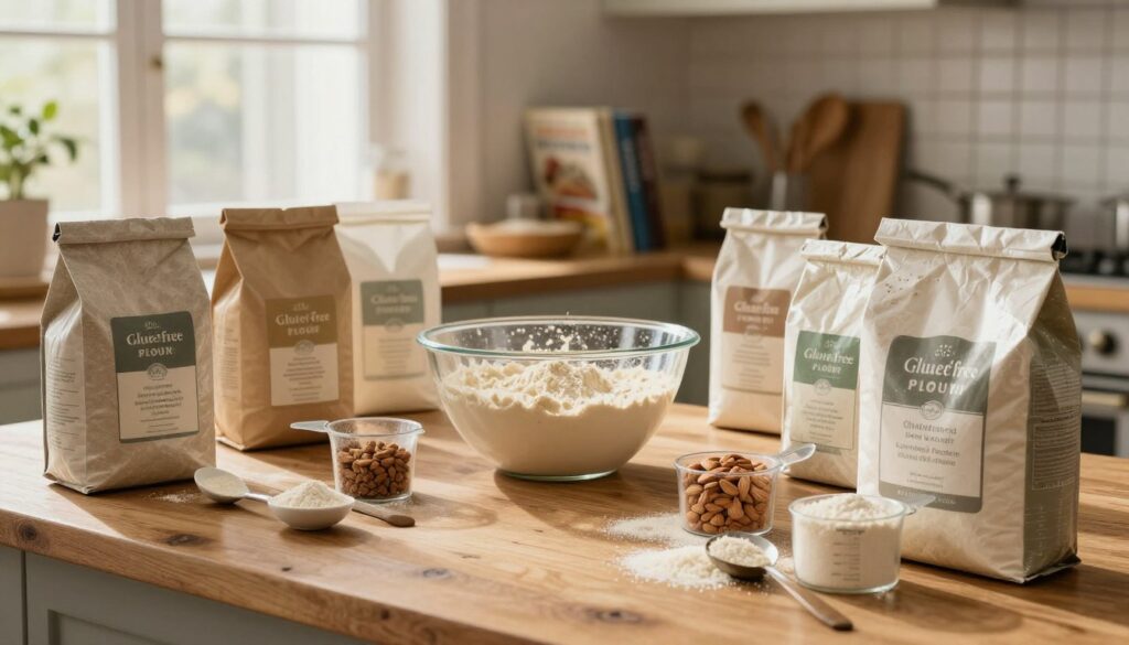 An inviting kitchen scene focusing on gluten-free baking flour reviews. In the foreground, a rustic wooden table showcases an array of gluten-free flour bags, each distinct in texture and packaging. In the middle ground, a mixing bowl filled with a light, airy batter glistens under soft, warm natural light streaming through a window, reflecting a cozy atmosphere. Beside the bowl, measuring cups and spoons filled with various types of gluten-free flours, like almond, coconut, and rice flour, illustrate their diversity. In the background, a blurred shelf displays cookbooks and baking tools, emphasizing a baking-friendly environment. The overall mood is warm and inviting, filled with the anticipation of delicious gluten-free treats being crafted. Use a wide-angle lens to capture the entire scene, ensuring soft focus on the background for depth.