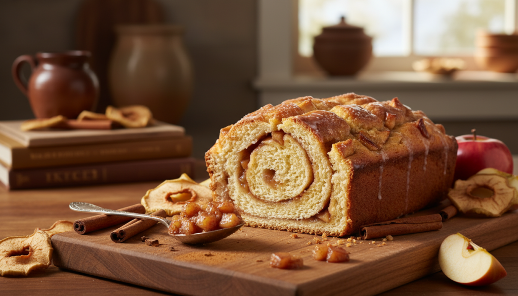 A beautifully styled kitchen countertop with a vibrant, freshly baked apple fritter bread loaf, sliced to reveal its fluffy, cinnamon-apple layered batter. In the foreground, a rustic wooden cutting board displays a generous spread of the apple filling with visible chunks of caramelized apples and a dusting of cinnamon. The middle of the image features the loaf, glistening with a light glaze on top, surrounded by scattered cinnamon sticks and fresh apple slices. In the background, a soft-focus of warm, inviting kitchen decor, with natural sunlight streaming through a window, imparting a cozy and homely atmosphere. The scene is captured from a slightly elevated angle, emphasizing the appealing textures and layers of the bread. The lighting should be warm and inviting, enhancing the golden hues of the bread and the rich colors of the apple filling. A beautifully styled kitchen countertop with a vibrant, freshly baked apple fritter bread loaf, sliced to reveal its fluffy, cinnamon-apple layered batter. In the foreground, a rustic wooden cutting board displays a generous spread of the apple filling with visible chunks of caramelized apples and a dusting of cinnamon. The middle of the image features the loaf, glistening with a light glaze on top, surrounded by scattered cinnamon sticks and fresh apple slices. In the background, a soft-focus of warm, inviting kitchen decor, with natural sunlight streaming through a window, imparting a cozy and homely atmosphere. The scene is captured from a slightly elevated angle, emphasizing the appealing textures and layers of the bread. The lighting should be warm and inviting, enhancing the golden hues of the bread and the rich colors of the apple filling.
