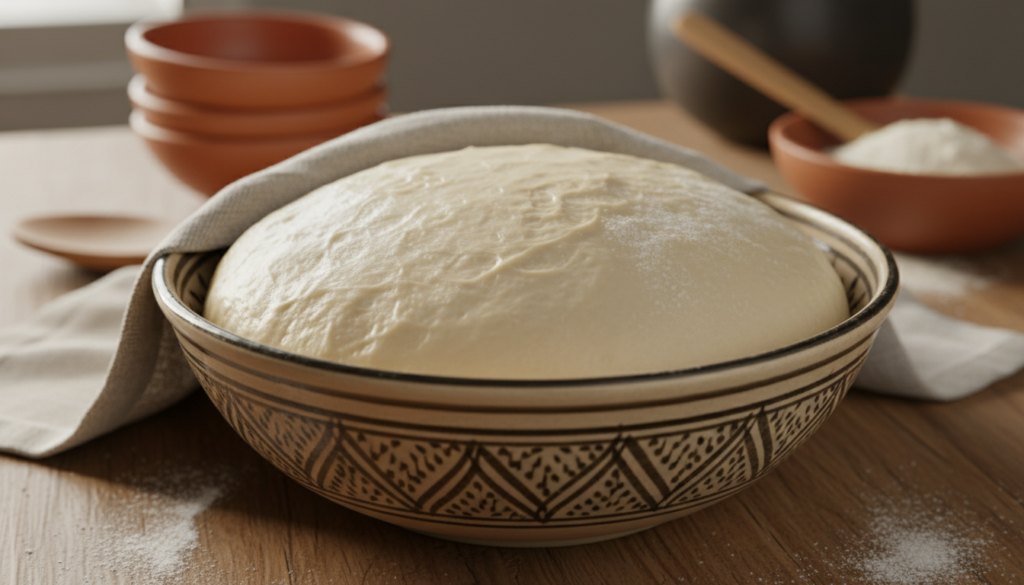 A close-up view of yeast dough proofing in an elegantly crafted bowl, showcasing its soft and airy texture. The dough, lightly dusted with flour, has risen beautifully, reflecting a subtle shine. In the foreground, a warm wooden countertop highlights the rustic charm of the scene. In the middle ground, the dough sits under a damp cloth, capturing the essence of the first rise. Soft, natural lighting streams from a nearby window, illuminating the dough and casting gentle shadows, creating a cozy, inviting atmosphere. The background features hints of kitchen utensils and a bowl of flour, enhancing the artisanal feel of traditional Moroccan bread-making. Focused depth of field, with a slight blur on the background, draws attention to the dough's promising rise.