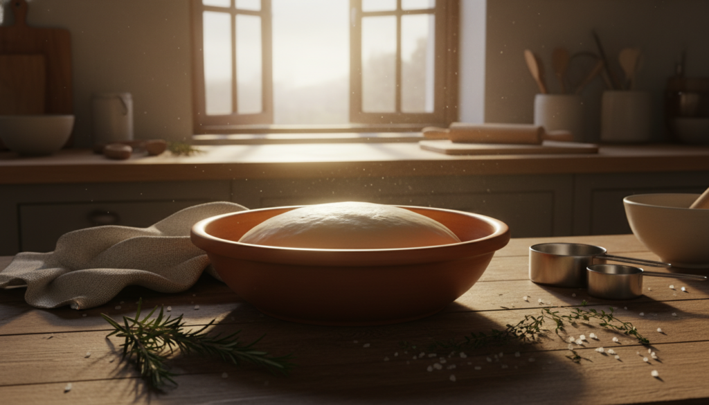A cozy kitchen scene featuring a rustic wooden table with a large bowl of proofing dough, its surface smooth and slightly risen. In the foreground, a clean cloth partially covers the dough, hinting at the rising process. A few sprigs of fresh herbs—like rosemary and thyme—are scattered around, along with coarse sea salt. The middle ground reveals a glimpse of an open window, allowing soft, warm sunlight to stream in, casting gentle shadows. In the background, there is a wooden countertop with baking tools, such as a rolling pin and measuring cups, enhancing the baking atmosphere. The mood is warm and inviting, evoking the comforting essence of homemade focaccia bread. The perspective is slightly angled from above, focusing on the dough's texture and the inviting kitchen ambiance. A cozy kitchen scene featuring a rustic wooden table with a large bowl of proofing dough, its surface smooth and slightly risen. In the foreground, a clean cloth partially covers the dough, hinting at the rising process. A few sprigs of fresh herbs—like rosemary and thyme—are scattered around, along with coarse sea salt. The middle ground reveals a glimpse of an open window, allowing soft, warm sunlight to stream in, casting gentle shadows. In the background, there is a wooden countertop with baking tools, such as a rolling pin and measuring cups, enhancing the baking atmosphere. The mood is warm and inviting, evoking the comforting essence of homemade focaccia bread. The perspective is slightly angled from above, focusing on the dough's texture and the inviting kitchen ambiance.