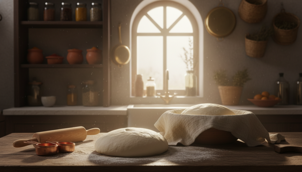 A cozy kitchen scene showcasing the art of the first rise in making khobz, Moroccan bread. In the foreground, a large, round dough ball is placed on a rustic wooden countertop, dusted with flour, with a rolling pin and measuring cups nearby. The middle ground features a warm, inviting bowl with a cloth covering the dough, slightly lifting, hinting at the rising process. In the background, shelves lined with traditional Moroccan spices and baking tools create a homely ambiance. Soft golden lighting filters through a window, casting gentle shadows and creating a serene atmosphere. The image conveys a sense of warmth and craftsmanship, perfect for beginners exploring this traditional bread-making art.