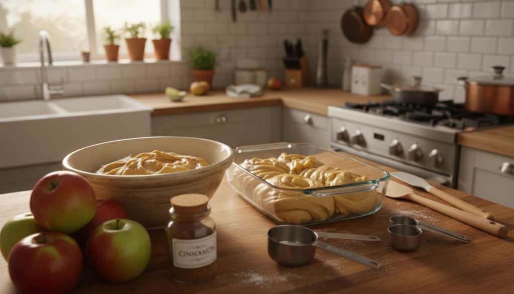A cozy kitchen setup with a wooden countertop featuring ingredients for apple fritter bread. In the foreground, there are fresh apples, a mixing bowl filled with dough, and a cinnamon jar. The middle layer showcases a baking dish with the dough being prepared, surrounded by measuring cups and utensils like a whisk and a spatula, all placed neatly. In the background, there’s a warm and inviting kitchen scene with soft natural light streaming through a window, illuminating the space. The atmosphere is inviting and homey, suggesting a comforting, sweet baking experience. The angle is slightly overhead, focusing on the preparation area to emphasize the cooking process. A cozy kitchen setup with a wooden countertop featuring ingredients for apple fritter bread. In the foreground, there are fresh apples, a mixing bowl filled with dough, and a cinnamon jar. The middle layer showcases a baking dish with the dough being prepared, surrounded by measuring cups and utensils like a whisk and a spatula, all placed neatly. In the background, there’s a warm and inviting kitchen scene with soft natural light streaming through a window, illuminating the space. The atmosphere is inviting and homey, suggesting a comforting, sweet baking experience. The angle is slightly overhead, focusing on the preparation area to emphasize the cooking process.
