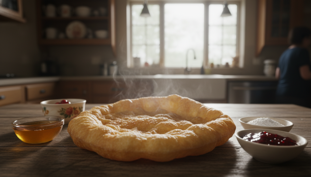 A freshly made piece of golden-brown homemade fry bread sits on a rustic wooden table, highlighting its crispy, lightly puffed texture. The foreground features a steaming piece of fry bread, glistening with a light sheen of oil, emphasizing its warmth and inviting appeal. Surrounding the fry bread are small bowls filled with toppings like honey, jam, and powdered sugar, adding splashes of color that contrast beautifully. In the background, soft, natural light filters through a window, casting gentle shadows that enhance the cozy, homey atmosphere. A blurred family kitchen setting can be faintly seen, with warm wooden cabinets and floral kitchenware, illustrating a sense of tradition and comfort. The image evokes a feeling of nostalgia and warmth, inviting viewers to consider the balance of enjoyment and moderation.