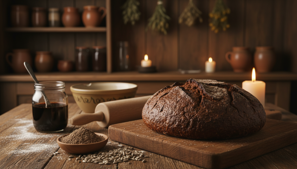 A rustic kitchen setting showcasing the art of making traditional German pumpernickel bread. In the foreground, a round loaf of dark, crusty pumpernickel bread sits on a wooden cutting board, with its rich, textured surface glistening under soft, warm candlelight. Scattered around the bread are ingredients like coarse rye flour, sunflower seeds, and a small jar of molasses, hinting at the recipe's authenticity. In the middle ground, a rustic wooden table holds a vintage mixing bowl and a rolling pin, emphasizing the traditional baking process. The background features shelves lined with earthenware jars and herbs, evoking a homely atmosphere. The lighting is soft and inviting, casting gentle shadows, while the focus captures the warm, earthy tones of the ingredients. The overall mood is cozy and nostalgic, celebrating the long, low-temperature bake technique that makes this bread unique. A rustic kitchen setting showcasing the art of making traditional German pumpernickel bread. In the foreground, a round loaf of dark, crusty pumpernickel bread sits on a wooden cutting board, with its rich, textured surface glistening under soft, warm candlelight. Scattered around the bread are ingredients like coarse rye flour, sunflower seeds, and a small jar of molasses, hinting at the recipe's authenticity. In the middle ground, a rustic wooden table holds a vintage mixing bowl and a rolling pin, emphasizing the traditional baking process. The background features shelves lined with earthenware jars and herbs, evoking a homely atmosphere. The lighting is soft and inviting, casting gentle shadows, while the focus captures the warm, earthy tones of the ingredients. The overall mood is cozy and nostalgic, celebrating the long, low-temperature bake technique that makes this bread unique.