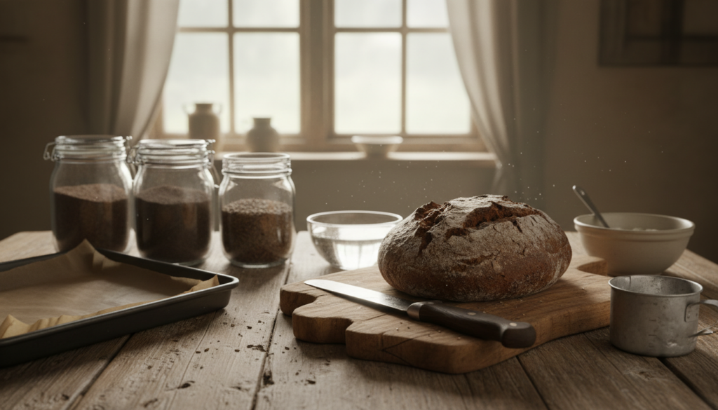 A rustic kitchen setting showcasing traditional German pumpernickel bread on a worn wooden table. In the foreground, a freshly baked loaf of dark, dense rye bread with a crackled crust, surrounded by essential baking equipment: a sturdy bread knife, a rustic wooden cutting board, a measuring cup, and a parchment-lined baking tray. In the middle ground, jars of dark rye flour, caraway seeds, and a bowl of water add to the scene, indicating the ingredients necessary for success. In the background, soft, warm lighting filters through a window, casting gentle shadows and creating a cozy, inviting atmosphere. The image should evoke a sense of craftsmanship and tradition, focusing on the essential tools for baking this old-style bread without any distractions. A rustic kitchen setting showcasing traditional German pumpernickel bread on a worn wooden table. In the foreground, a freshly baked loaf of dark, dense rye bread with a crackled crust, surrounded by essential baking equipment: a sturdy bread knife, a rustic wooden cutting board, a measuring cup, and a parchment-lined baking tray. In the middle ground, jars of dark rye flour, caraway seeds, and a bowl of water add to the scene, indicating the ingredients necessary for success. In the background, soft, warm lighting filters through a window, casting gentle shadows and creating a cozy, inviting atmosphere. The image should evoke a sense of craftsmanship and tradition, focusing on the essential tools for baking this old-style bread without any distractions.