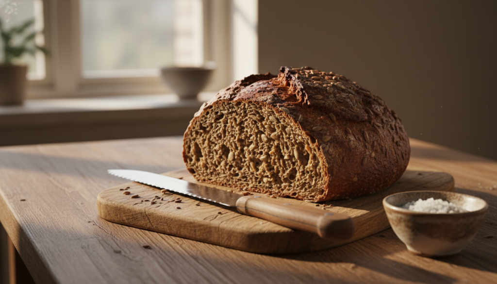A rustic wooden kitchen table proudly displays a freshly baked loaf of artisan pumpernickel bread, glistening with a crisp crust and a deep, rich brown color. The loaf is cut open, revealing a dense, moist crumb with speckles of seeds and grains. Surrounding the bread are artisanal tools: a wooden bread board, a serrated knife, and a small bowl of coarse sea salt, hinting at a homey atmosphere. In the background, soft, diffused sunlight filters through a window, casting gentle shadows and highlighting the textures of the bread and table. The composition evokes a warm, inviting mood, perfect for a culinary adventure in traditional bread-making. Use a close-up angle to capture the details while maintaining a cozy kitchen vibe.