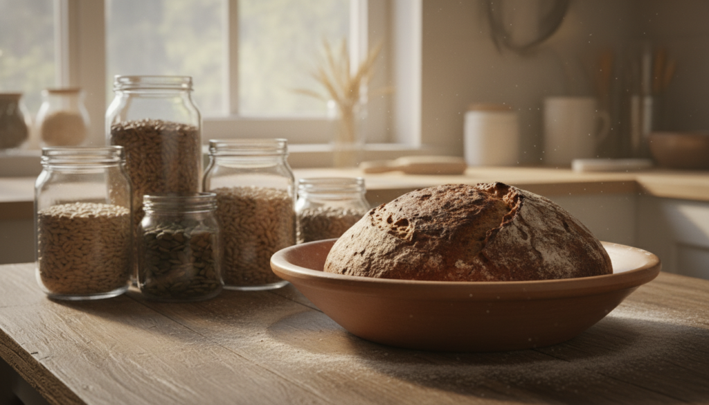 A rustic wooden table in a warm, cozy kitchen setting serves as the foreground, featuring a large bowl of dark, doughy pumpernickel bread that has risen beautifully after a long fermentation process. In the middle ground, jars filled with various fresh grains and seeds hint at the ingredients used, with a gently floured surface adding texture. The background includes a soft, natural light filtering through a window, casting a golden hue that highlights the dough's rich texture. Subtle shadows lend depth to the scene, enhancing the atmosphere of tradition and warmth. The overall mood evokes a sense of patience and craftsmanship, celebrating the art of bread-making through a visual narrative that captures the essence of long fermentation.
