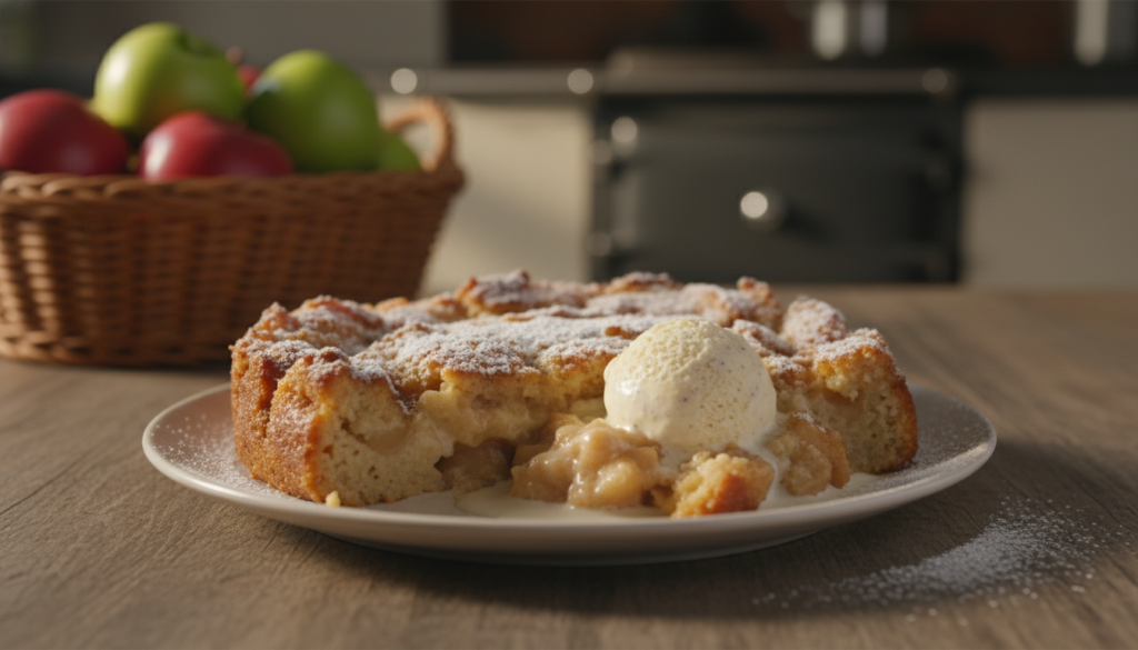 A warm, inviting slice of apple bread pudding sits on a rustic wooden table, topped with a light dusting of powdered sugar and accompanied by a scoop of vanilla ice cream melting gently beside it. The pudding itself is golden brown, studded with tender, caramelized apple pieces, and the rich, creamy texture glistens under soft, warm lighting that creates a cozy atmosphere. In the background, a blurred kitchen scene features a vintage oven and fresh apples in a wicker basket, hinting at homemade comfort. The scene is captured from a slightly elevated angle, emphasizing the warmth and inviting nature of this dessert, with a shallow depth of field to keep the focus on the delicious bread pudding. A warm, inviting slice of apple bread pudding sits on a rustic wooden table, topped with a light dusting of powdered sugar and accompanied by a scoop of vanilla ice cream melting gently beside it. The pudding itself is golden brown, studded with tender, caramelized apple pieces, and the rich, creamy texture glistens under soft, warm lighting that creates a cozy atmosphere. In the background, a blurred kitchen scene features a vintage oven and fresh apples in a wicker basket, hinting at homemade comfort. The scene is captured from a slightly elevated angle, emphasizing the warmth and inviting nature of this dessert, with a shallow depth of field to keep the focus on the delicious bread pudding.