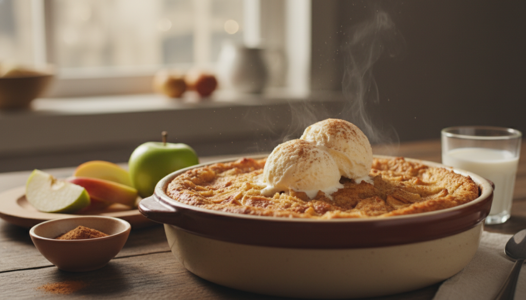 An inviting apple dessert scene featuring freshly baked apple bread pudding, with golden brown crust and chunks of soft apples peeking through. In the foreground, a rustic wooden table holds a warm, steaming serving dish garnished with a sprinkle of cinnamon and a scoop of vanilla ice cream melting on top. In the middle, there are sliced apples, a bowl of cinnamon, and a small glass of milk arranged aesthetically. The background includes soft, diffused natural light streaming through a window, creating a cozy, homely atmosphere, with light dust motes visible in the air. A shallow depth of field captures the dessert sharply while softly blurring the background, enhancing the warm, inviting mood of this delightful homemade treat. An inviting apple dessert scene featuring freshly baked apple bread pudding, with golden brown crust and chunks of soft apples peeking through. In the foreground, a rustic wooden table holds a warm, steaming serving dish garnished with a sprinkle of cinnamon and a scoop of vanilla ice cream melting on top. In the middle, there are sliced apples, a bowl of cinnamon, and a small glass of milk arranged aesthetically. The background includes soft, diffused natural light streaming through a window, creating a cozy, homely atmosphere, with light dust motes visible in the air. A shallow depth of field captures the dessert sharply while softly blurring the background, enhancing the warm, inviting mood of this delightful homemade treat.